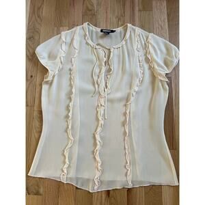 DKNY Beige Silk Sheer Ruffle Blouse Top Pink Beads Bow Tie Romantic Y2K (size 8)